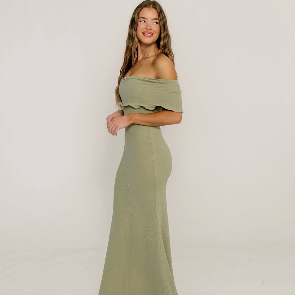 NEVER WORN. Off-Shoulder Maxi Dress in Olive Green - Picture 2 of 4